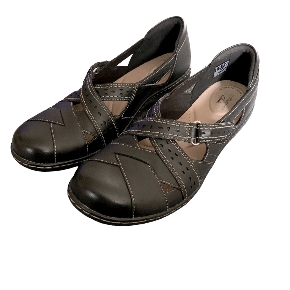 Clarks Bendable Slip On Black Leather Mary Jane Shoes Women’s Size 10N